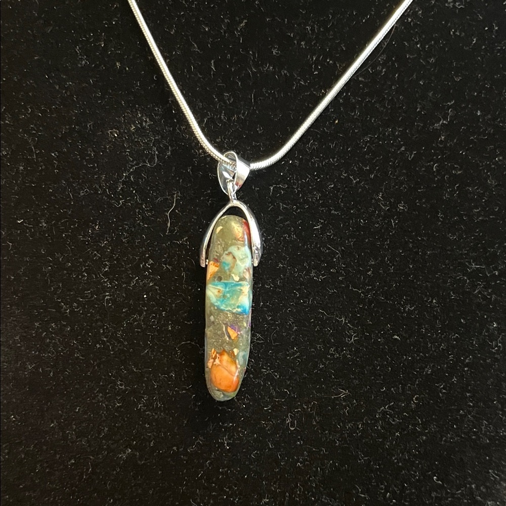 Silver Pendant Necklace with Multicolor Boulder Opal Accent - Women Jewelry